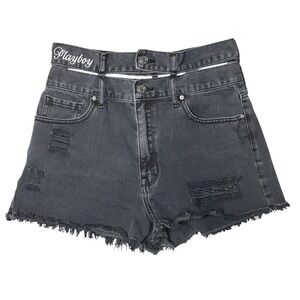 Playboy by PacSun Black Distressed Double Waistband Denim Shorts Size 28